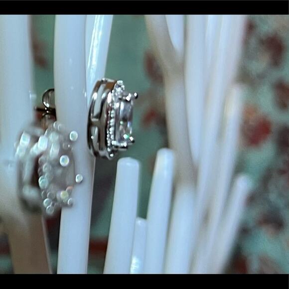 Simulated Diamond Oval Stud Earrings in Silvertone 3 ctw. Inspired by the halo - Picture 6 of 6